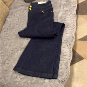 INC International jeans 
Dark Blue Wide-Leg Jeans with Yellow Accents